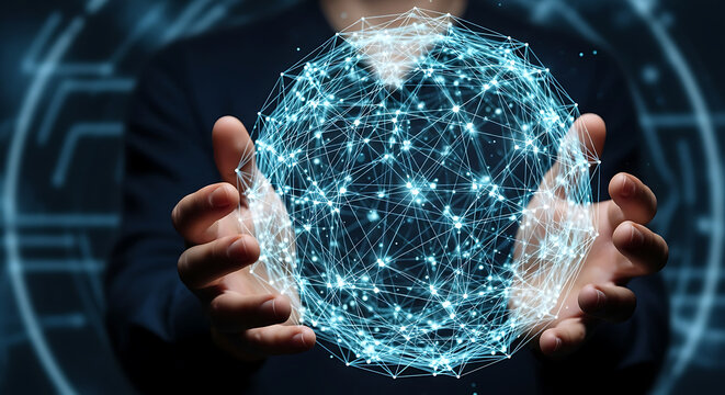Digital World in Hand: An individual tenderly cradles a luminous digital sphere, the intricate web of connections symbolizing the interconnectedness of global technology and innovation.