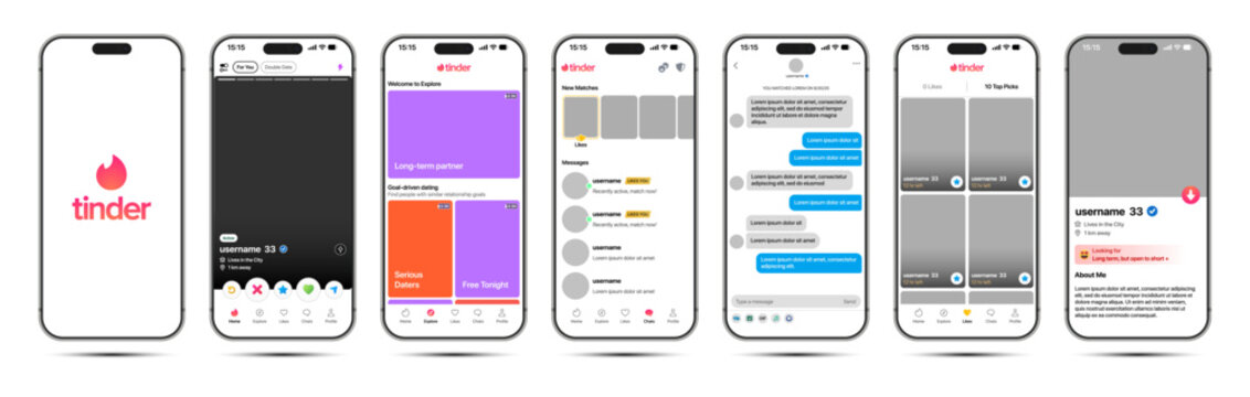 Tinder UI mockup showing swipe cards, profile previews, match notifications, chat messages, likes, super likes, and modern interactive dating app layout vector illustration