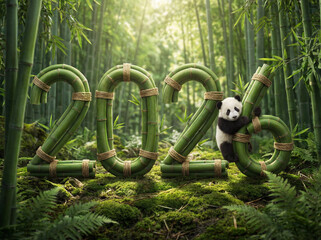 2026 Bamboo Numbers with Cute Climbing Panda in Green Forest