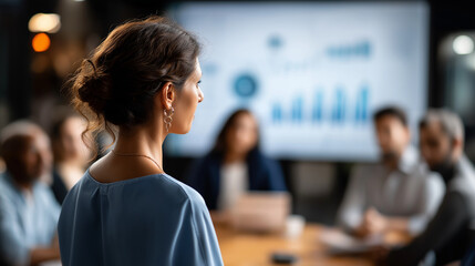 Business gathering with data analytics presentation on large display faceless woman presenter defocused office background multiethnic team collaboration company strategy graphs