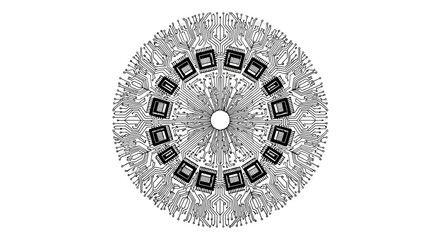 Intricate black and white circular pattern resembling a digital mandala, featuring complex geometric and abstract elements radiating from a central point.