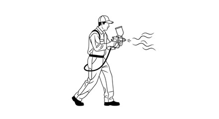 Black and white line drawing of a worker in a uniform and cap using a paint sprayer gun.