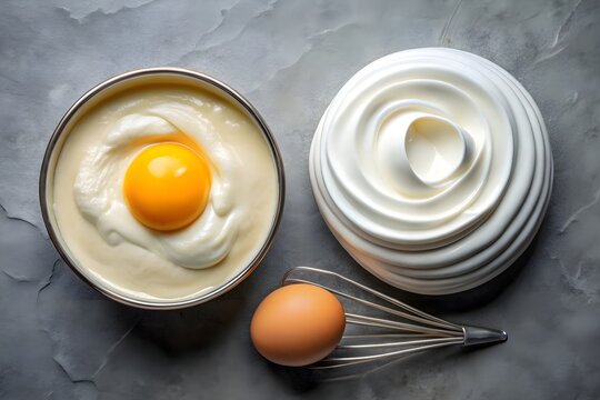 Raw egg yolk in creamy mixture beside glossy whipped meringue, whole egg and whisk on textured gray surface for baking preparation scenes