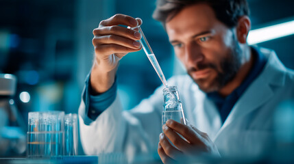 Scientific researcher reviewing laboratory samples in high tech environment faceless male specialist defocused biotechnology background medical discovery process molecular