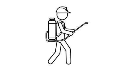 A stick figure person wearing a hard hat and carrying a backpack sprayer, ready to spray.