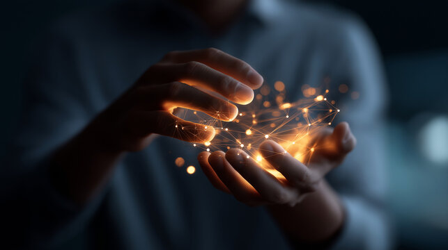 Hands manipulating illuminated data structures faceless operator defocused digital background complex system illustration technological advancement display computational