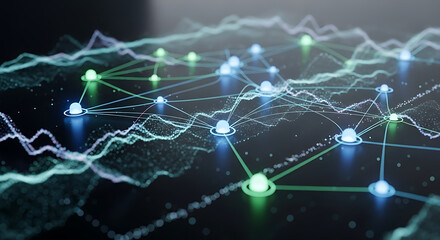 Abstract Data Network Visualization: An intricate network of interconnected data points, highlighted by vibrant lines and dots, suggesting complex data flow and information exchange. 