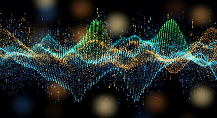 Abstract Data Visualization: Dynamic representation of complex data, featuring undulating waves of colorful particles, creating a visually stunning display of information.