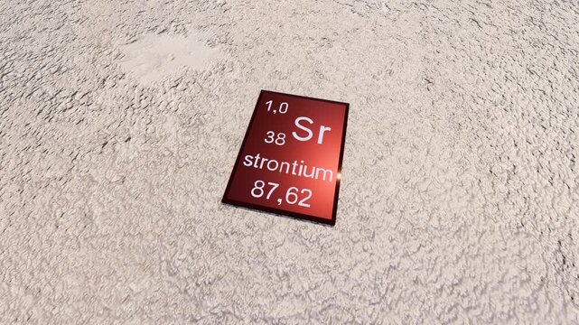 Strontium periodic table symbol on raw strontium, a rare earth element, strontium periodic table symbol on the raw material strontium, a rare earth element. Critical raw materials. Artistic rendering.