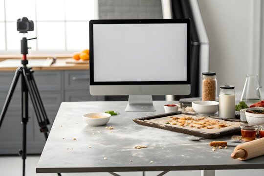 Modern kitchen setup with baking tray, ingredients, camera and monitor for food content creation and culinary preparation on bright surface