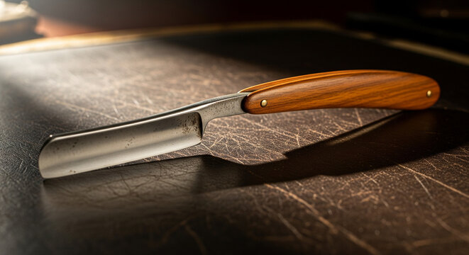 A close-up, studio shot of a classic straight razor with a shiny metal blade and a rich, wooden handle resting on a textured leather surface. The lighting emphasizes the sleekness of the blade and the