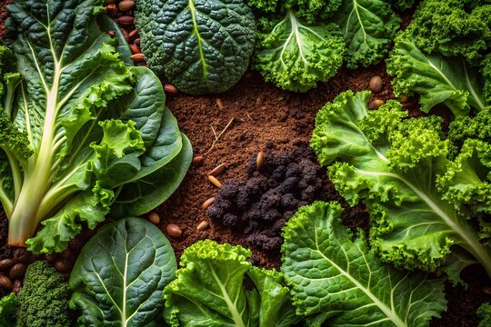 Leafy green vegetables including kale and collards arranged around dark soil with scattered seeds for gardening and organic farming themes