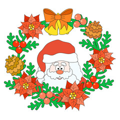 Christmas wreath with bell, poinsettia, pine cones, red berries and Santa Claus head in the middle. Vector illustration for print, children's book, decoration.