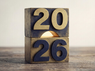 Rustic Wooden Blocks Displaying Year 2026 with Glowing Light