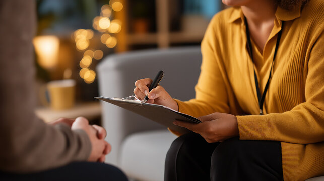 Therapeutic session in comfortable room with counselor client interaction faceless therapist patient defocused warm environment background psychotherapy consultation mental