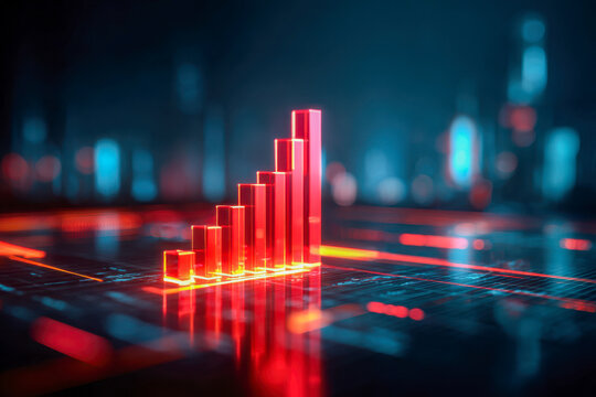 Futuristic glowing red bar chart rising on a digital interface with neon blue and orange accents symbolizing technological growth and data visualization trends