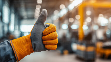 Worker wearing protective gloves giving a thumbs-up gesture with an industrial warehouse blurred in the background, symbolizing safety and approval