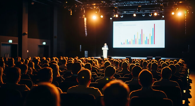 Audience at Presentation: A presenter standing at a podium delivering an informative presentation to a captivated audience. The image shows the energy and engagement within the room