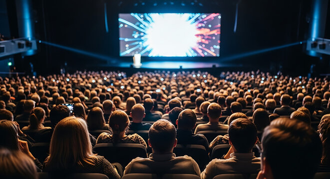 Captivating Theater: An immersive view of a packed theater, audience members captivated by the stage display, enhanced by focused lighting.