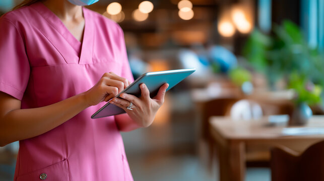 Homecare nurse with tablet on furniture faceless healthcare professional defocused nursing residence background assisted living service medical support pride caregiver - Powered by Adobe