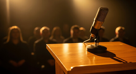 Podium of Discourse: A classic microphone stands prominently on a polished wooden podium, poised before a captivated audience in a dimly lit hall.