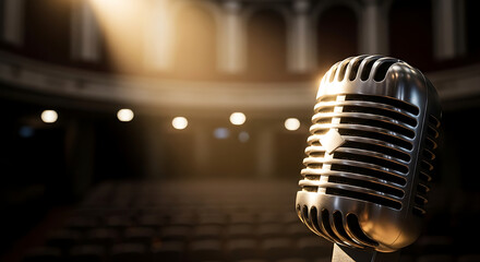 Vintage Microphone in Theatre: A classic microphone gleams under a spotlight in a grand theater, inviting us to a performance where voices will resonate.