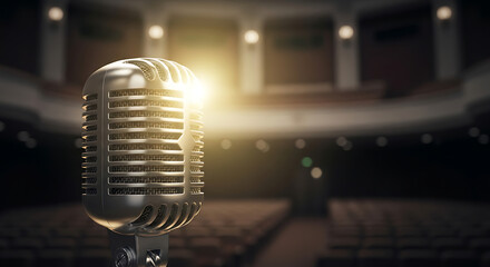 A Historic Microphone on Stage: An antique microphone stands center stage under a warm spotlight, waiting for the performance to begin, evoking anticipation.