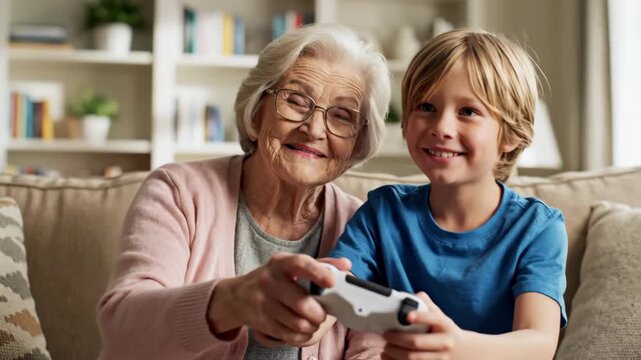 Grandchild playing video games with grandmother, a heartwarming family moment capturing generations gaming together. Family playing video games during leisure time brings joy and connection.