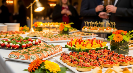 Catering Delights: A close-up view of an enticing spread of hors d'oeuvres on a buffet table at a gathering, with people mingling in the background.