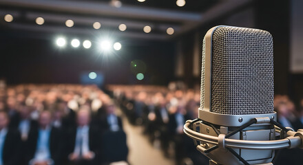 Microphone in the Spotlight: The microphone takes center stage, ready to amplify every word for a captive audience, in a darkened auditorium.