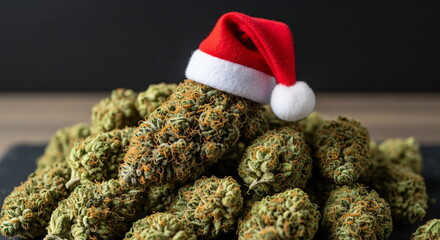 Cannabis bud with an adorable small red Santa hat on top. Festive holiday concept with marijuana for Christmas