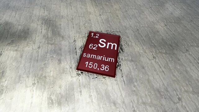 Samarium periodic table symbol on raw samarium, a rare earth element, samarium periodic table symbol on the raw material samarium, a rare earth element. Critical raw materials. Artistic rendering.