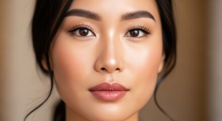 Fototapeta premium Close-up portrait of a confident young woman with flawless skin and natural makeup emphasizing her