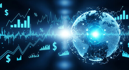 Global Market Insights: A mesmerizing view of the world entwined with financial data, charts, and digital currencies.