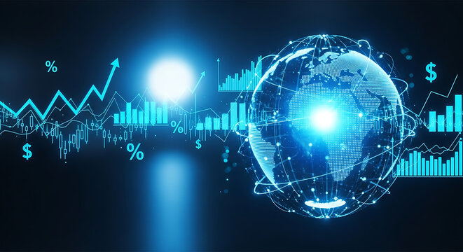 Global Financial Outlook: A mesmerizing display of interconnected data, charts, and digital representations of the globe, capturing the complex dynamics of worldwide financial markets.