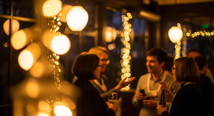 Social Gathering: A warm and inviting scene of a social gathering with friends and colleagues enjoying each other's company under the soft glow of decorative lights.