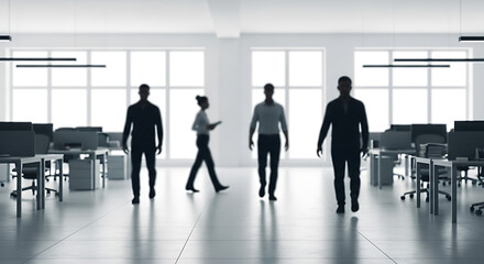 Corporate Silhouette: Silhouetted figures of professionals move through a modern, open-plan office setting, suggesting productivity, teamwork, and the energy of a thriving workplace.