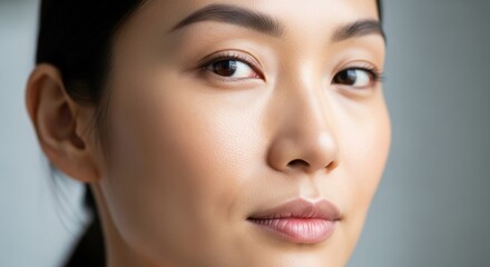 Close-up portrait of a confident young woman with smooth skin and subtle makeup