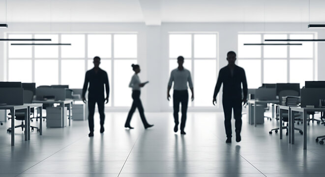 Corporate Silhouette: Silhouetted figures of professionals move through a modern, open-plan office setting, suggesting productivity, teamwork, and the energy of a thriving workplace.