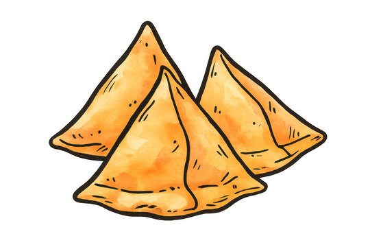 Three traditional indian samosa snacks, golden brown fried pastry, watercolor illustration with transparent background