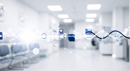 Digital D N A helix overlay on blurred medical waiting room DNA helix science