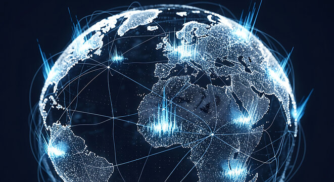 Global Network: A visualization of a connected globe, with a focus on communication, data transfer, and the interconnectedness of the world, ideal for tech and business contexts. - Powered by Adobe