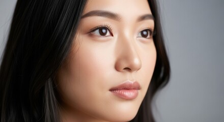 Obraz premium Close-up portrait of a young Asian woman with flawless skin and serene expression showcasing