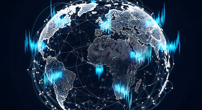 Global Network: The image is depicting the world enveloped in a web of interconnectedness, accentuated by energetic pulses of data.