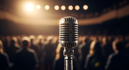 Microphone on Stage: A close-up shot of a vintage microphone stands center stage under a spotlight, silhouetted against a blurred crowd.