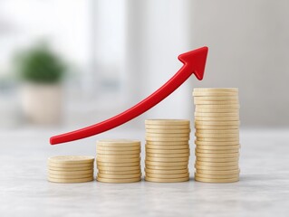 Stacked gold coins with a rising red arrow graphically representing financial growth and investment success, symbolizing wealth accumulation and economic progress in a modern setting