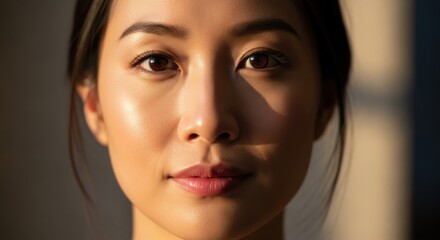 Close-up portrait of a young confident woman with smooth skin and warm lighting