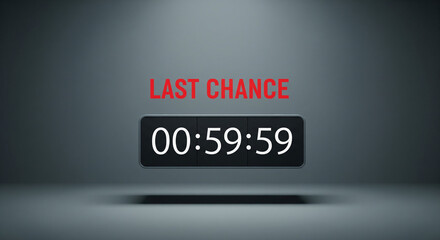 Digital countdown timer displaying "00:59:59" with the text "LAST CHANCE" in red above it, set against a dramatic, dimly lit gray background, suggesting a limited-time offer or an impending deadline