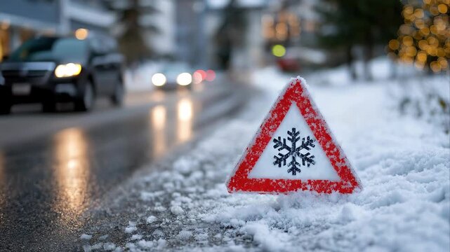 Triangular snow-covered road sign with a snowflake, warning of icy roads and winter hazards. Ideal for footage about driving safety, bad weather, and transportation risks