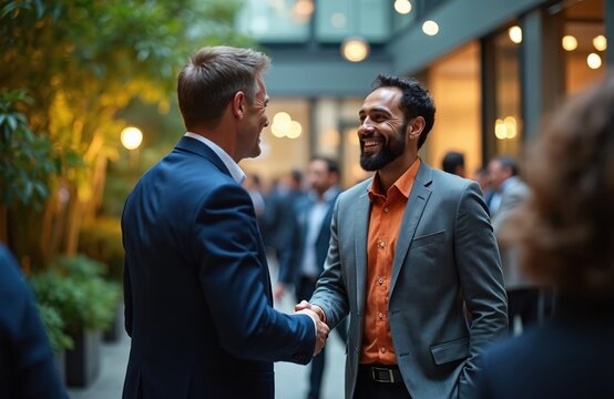 Two men in suits shake hands warmly. They smile at a business event, forming a connection. Meeting new people, networking for partnership and career growth.
